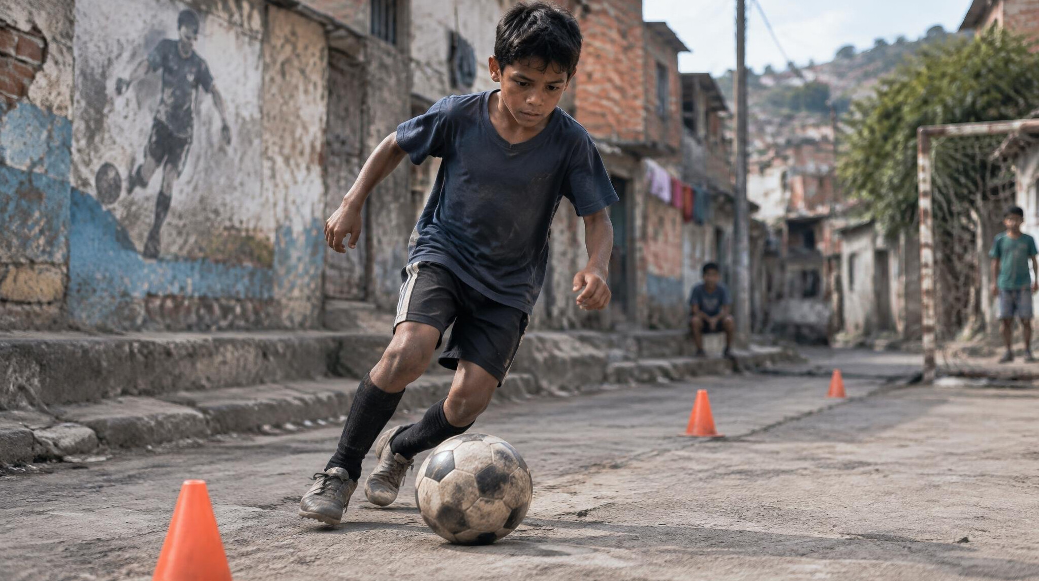 young boy playing soccer in street